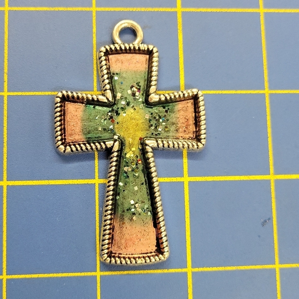 Cross 3" x 1.75 Silver Tone Pendant Charm Hand Poured Resin by me